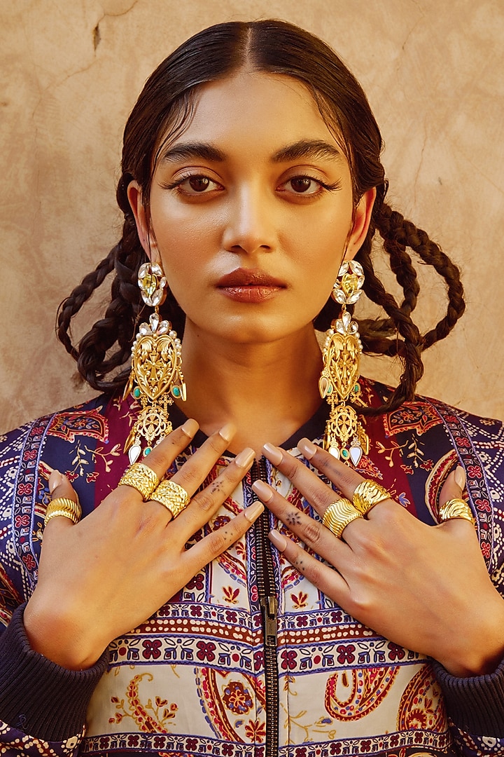 Gold Finish Crystal & Stone Dangler Earrings by Radhika Agrawal Jewels at Pernia's Pop Up Shop