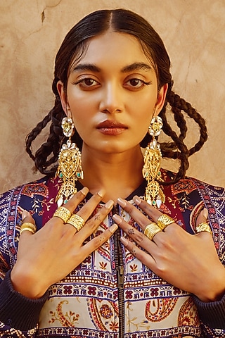Gold Finish Crystal & Stone Dangler Earrings by Radhika Agrawal Jewels