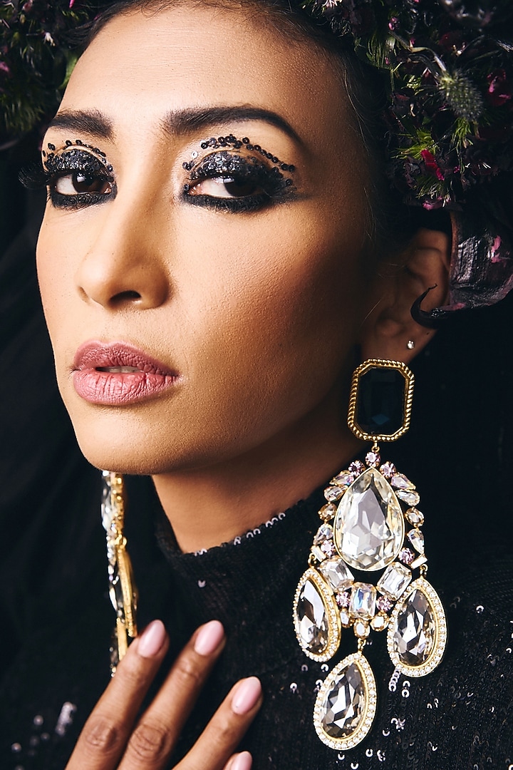 Gold Plated Crystal & Pink Stone Dangler Earrings by Radhika Agrawal Jewels at Pernia's Pop Up Shop