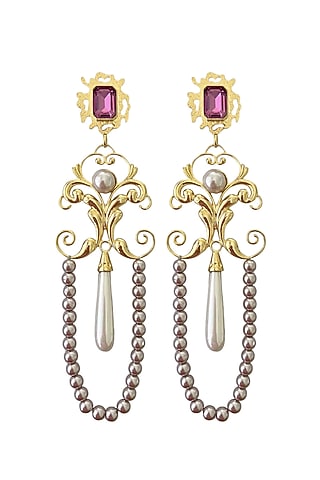 Gold Plated Pearl & Emerald Drop Dangler Earrings by Radhika Agrawal Jewels