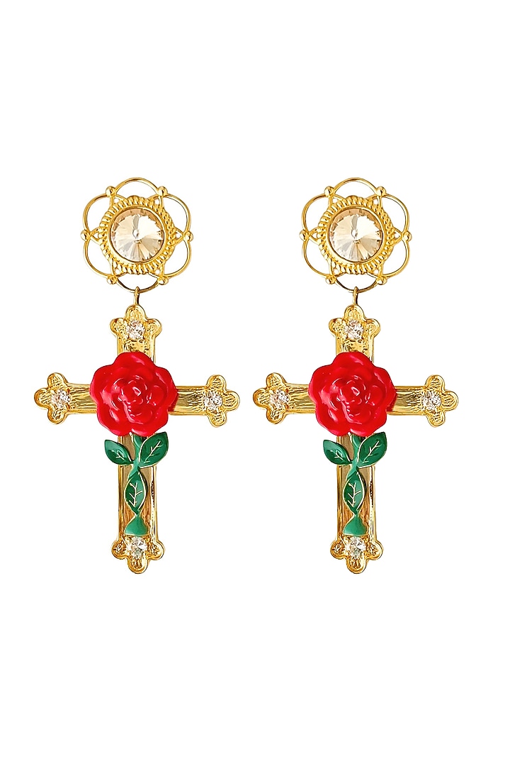 Gold Plated Crystal Enameled Floral Dangler Earrings by Radhika Agrawal Jewels at Pernia's Pop Up Shop