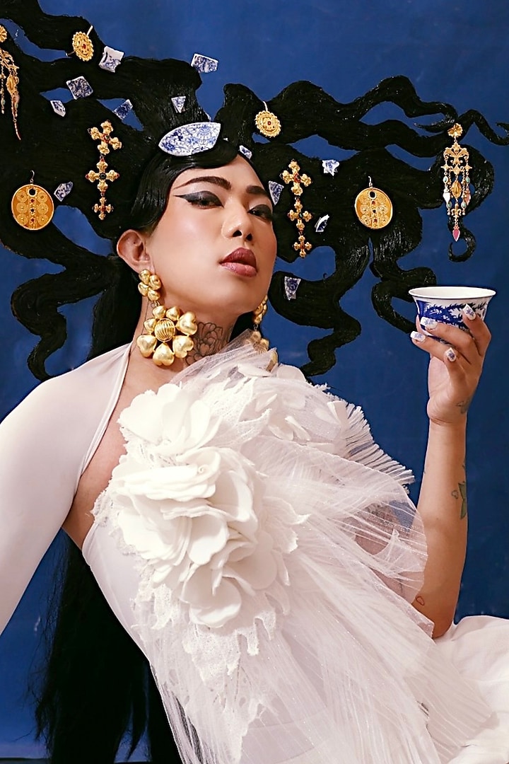 Gold Plated Heart-Shaped Petal Dangler Earrings by Radhika Agrawal Jewels at Pernia's Pop Up Shop