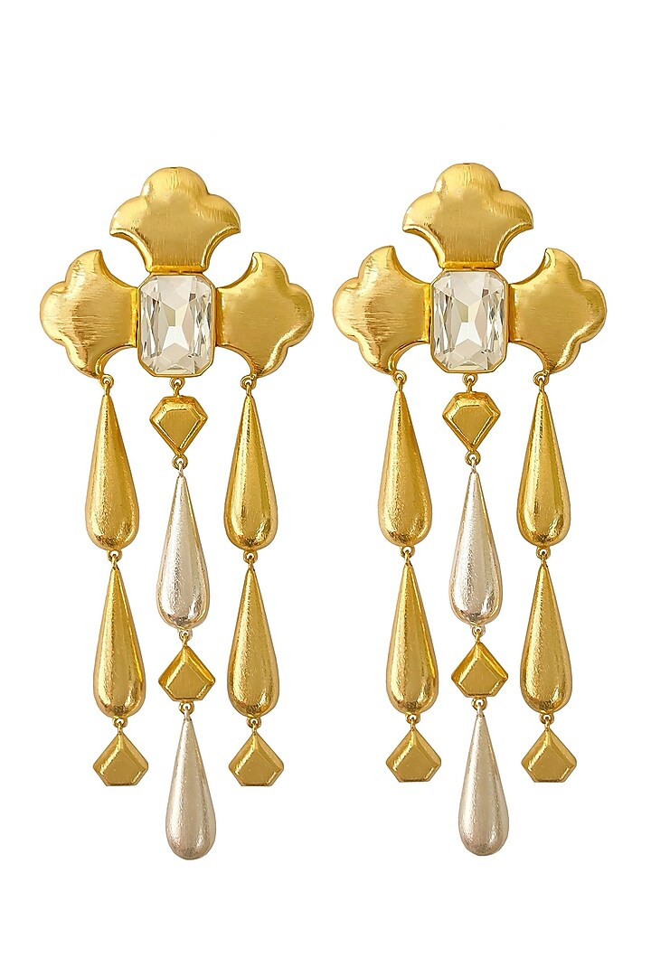 Gold Plated Pink Crystal & Teardrop Stone Dangler Earrings by Radhika Agrawal Jewels at Pernia's Pop Up Shop