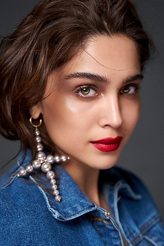 Gold Plated Grey Pearl Cross-Shaped Earrings by Radhika Agrawal Jewels