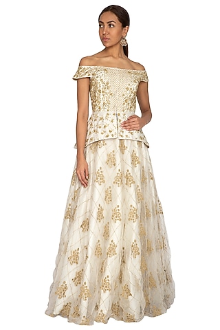 Ivory Embroidered Peplum Blouse With Skirt by Ridhi Arora