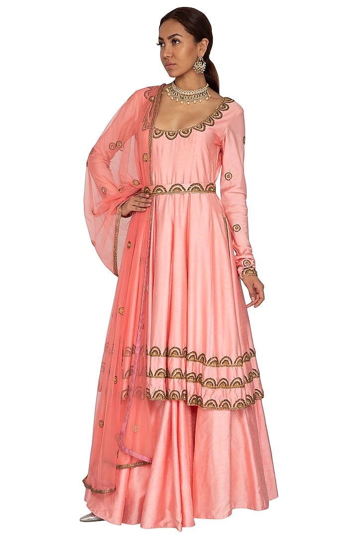 Pink Embroidered Wedding Anarkali Set With Belt by Ridhi Arora at Pernia's Pop Up Shop