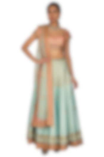 Onion Pink & Mint Blue Embroidered Wedding Lehenga Set by Ridhi Arora at Pernia's Pop Up Shop