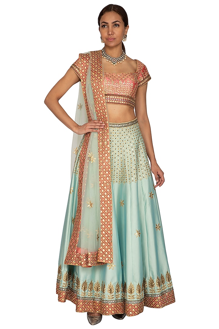 Onion Pink & Mint Blue Embroidered Lehenga Set by Ridhi Arora