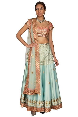 Onion Pink & Mint Blue Embroidered Lehenga Set by Ridhi Arora