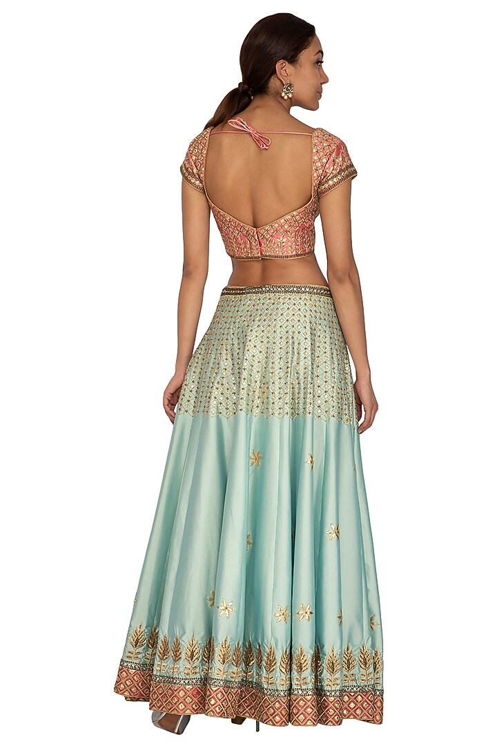 Onion Pink & Mint Blue Embroidered Wedding Lehenga Set by Ridhi Arora at Pernia's Pop Up Shop