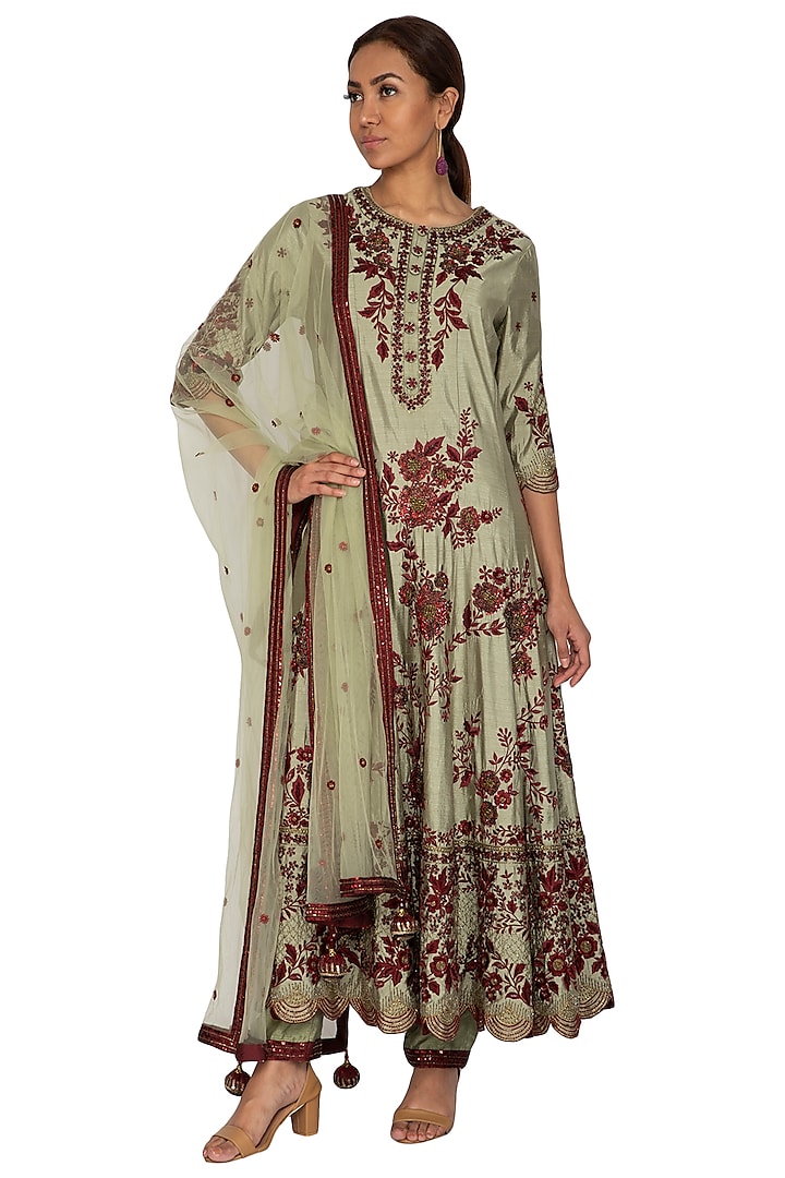 Olive Green Embroidered Anarkali Set by Ridhi Arora at Pernia's Pop Up Shop