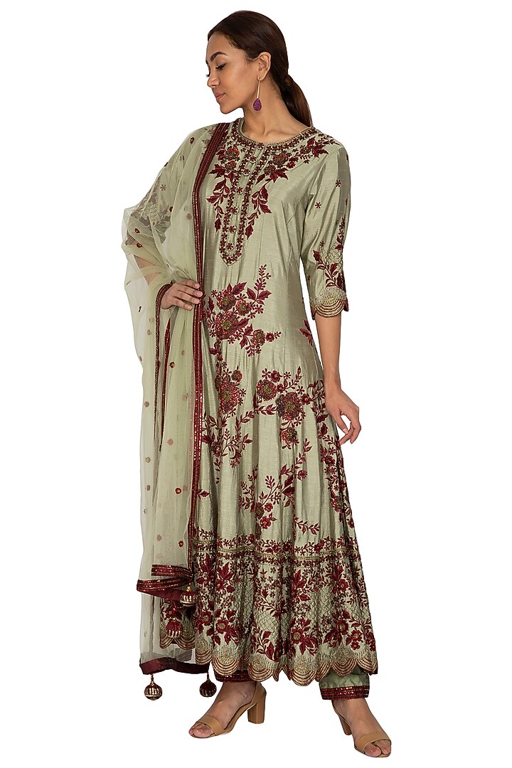 Olive Green Embroidered Bridal Anarkali Set by Ridhi Arora at Pernia's Pop Up Shop