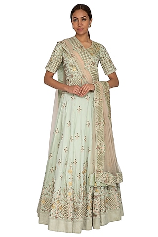 Mint Green Embroidered Lehenga Set by Ridhi Arora