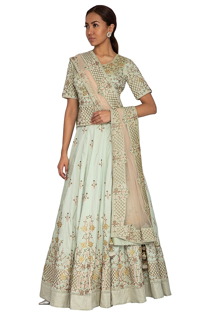 Mint Green Embroidered Wedding Lehenga Set by Ridhi Arora at Pernia's Pop Up Shop
