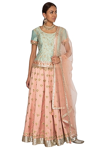Mint Green & Peach Embroidered Lehenga Set by Ridhi Arora