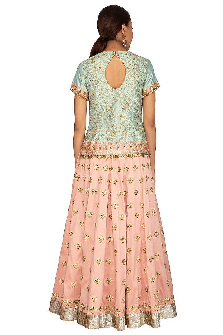 Mint Green & Peach Embroidered Wedding Lehenga Set by Ridhi Arora at Pernia's Pop Up Shop