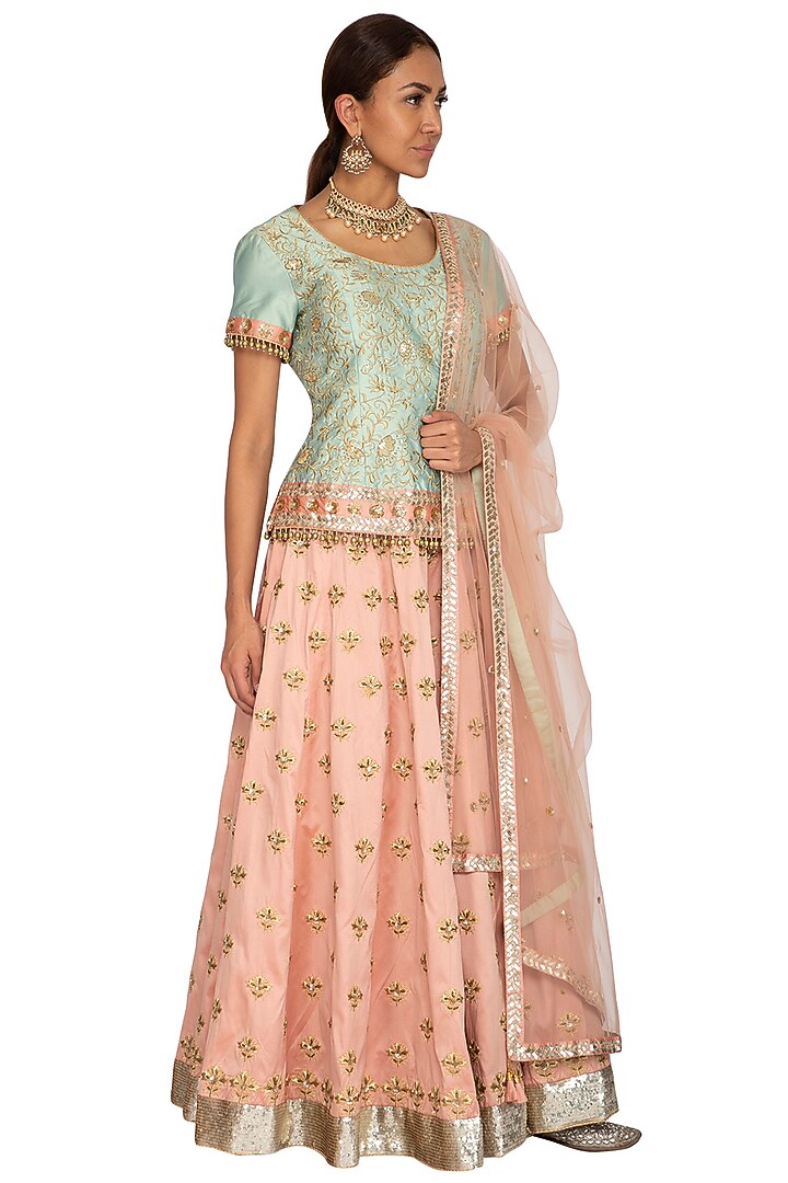 Mint Green & Peach Embroidered Wedding Lehenga Set by Ridhi Arora at Pernia's Pop Up Shop