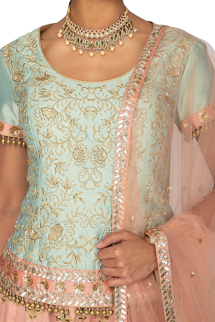 Mint Green & Peach Embroidered Wedding Lehenga Set by Ridhi Arora at Pernia's Pop Up Shop
