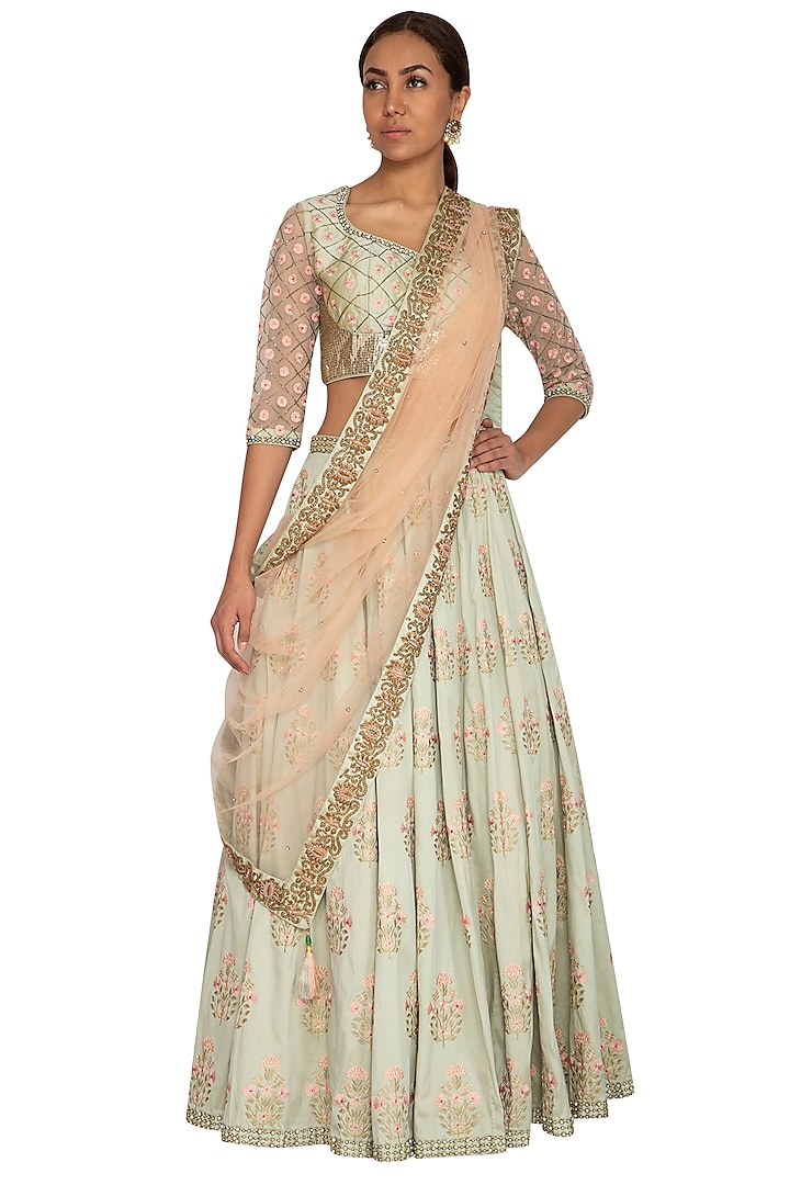 Mint Green Floral Embroidered Lehenga Set by Ridhi Arora