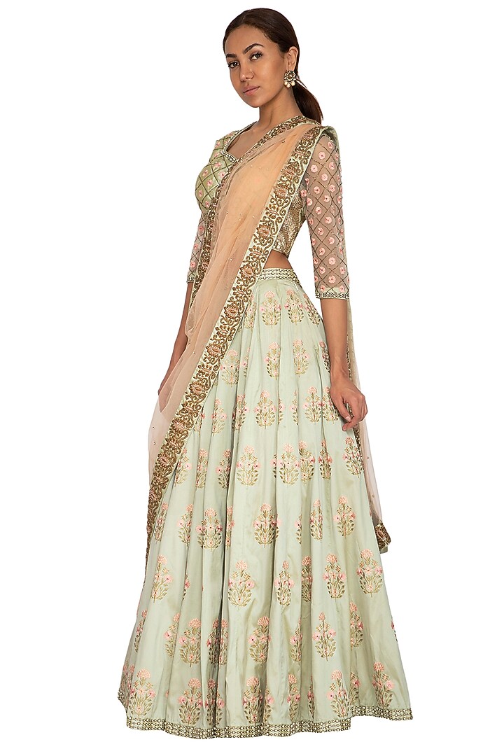 Mint Green Floral Embroidered Wedding Lehenga Set by Ridhi Arora at Pernia's Pop Up Shop