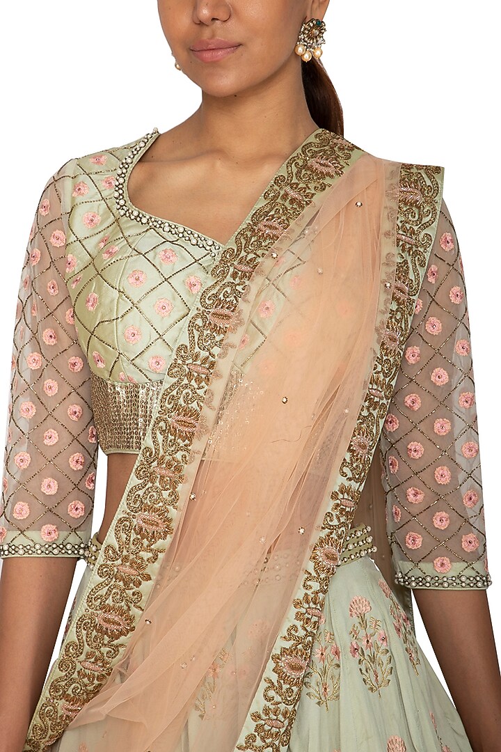 Mint Green Floral Embroidered Wedding Lehenga Set by Ridhi Arora at Pernia's Pop Up Shop