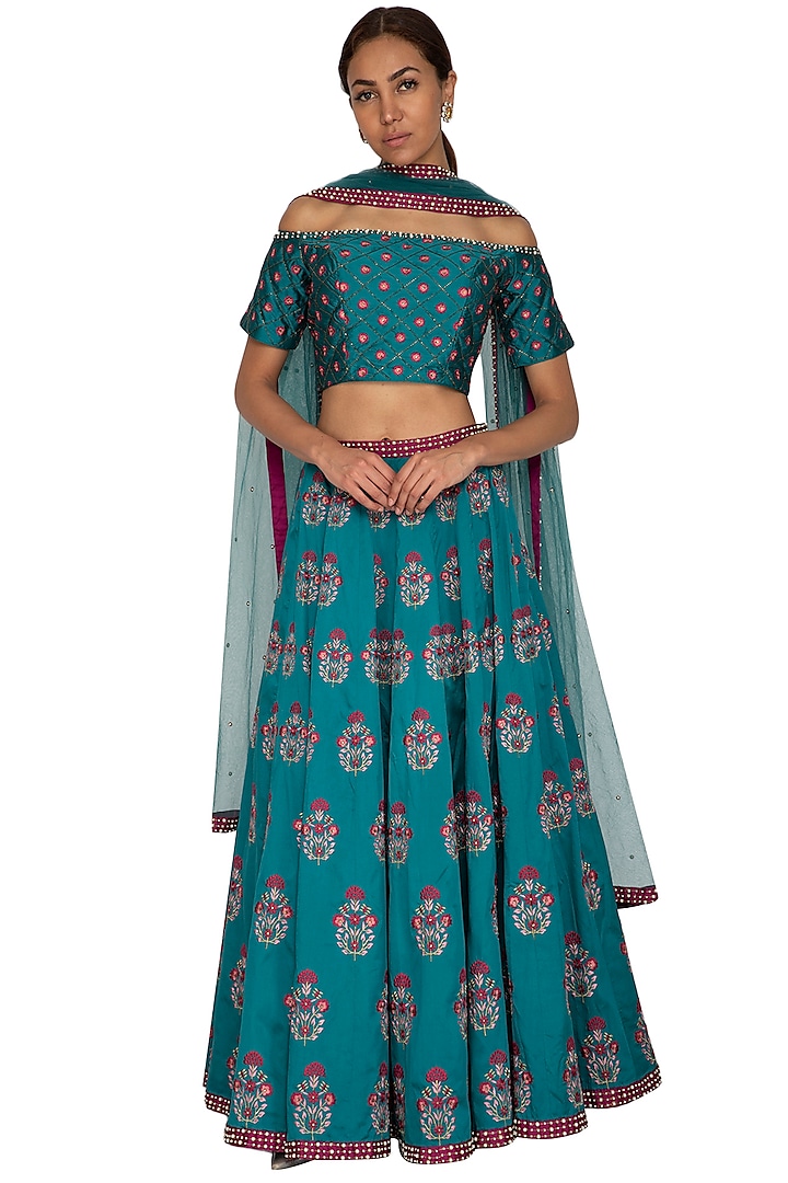 Teal & Wine Embroidered Wedding Lehenga Set by Ridhi Arora at Pernia's Pop Up Shop