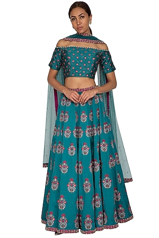 Teal & Wine Embroidered Lehenga Set by Ridhi Arora