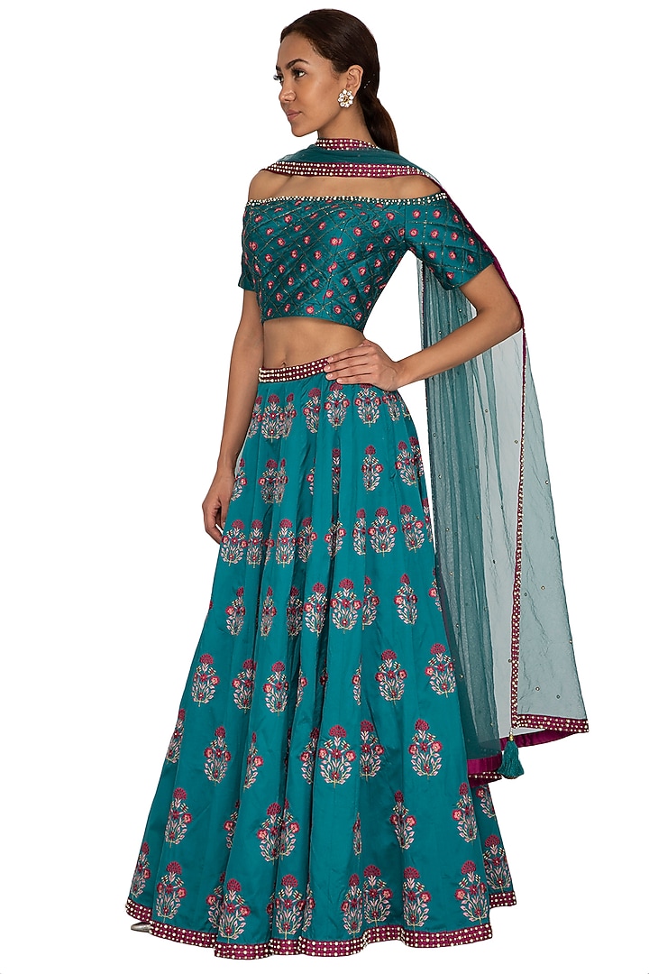 Teal & Wine Embroidered Wedding Lehenga Set by Ridhi Arora at Pernia's Pop Up Shop
