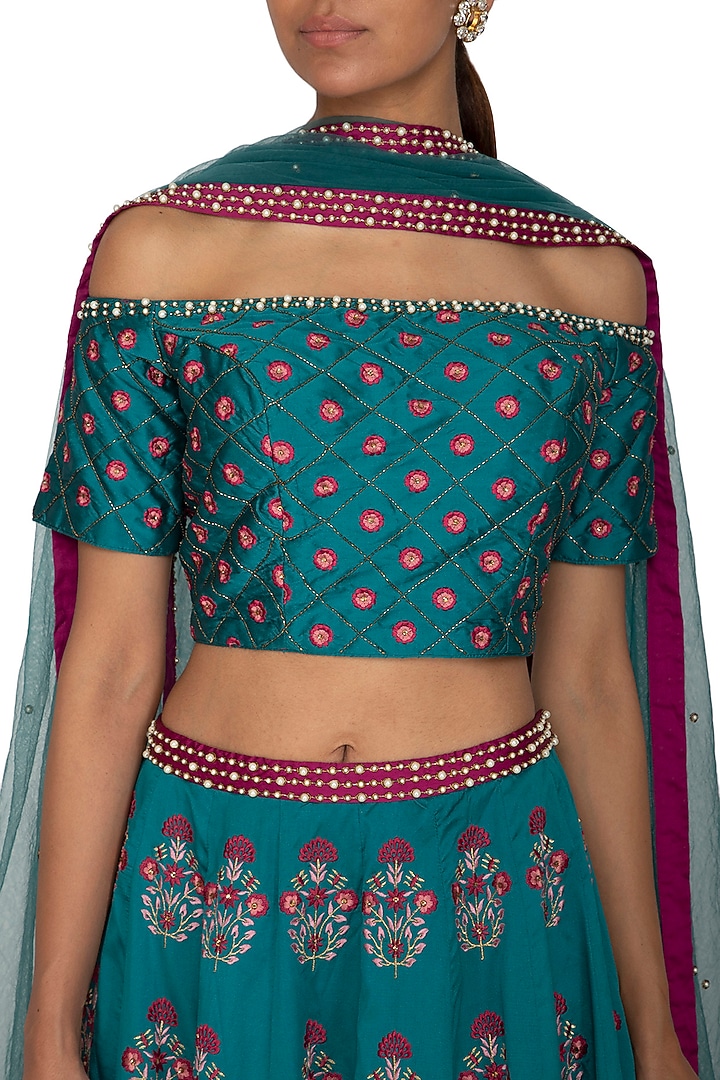 Teal & Wine Embroidered Wedding Lehenga Set by Ridhi Arora at Pernia's Pop Up Shop