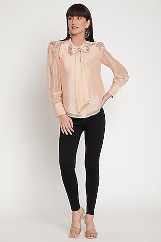 Blush Pink Beads Embroidered Shirt Blouse by Ridhi Arora