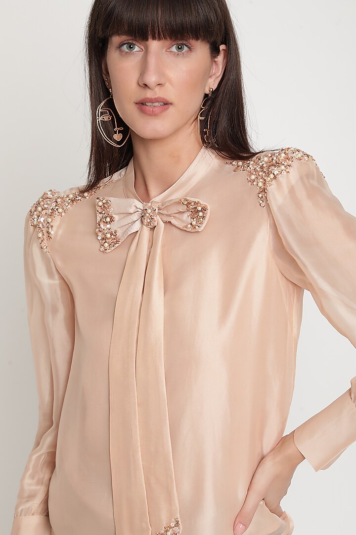 Blush Pink Beads Embroidered Shirt Blouse by Ridhi Arora at Pernia's Pop Up Shop