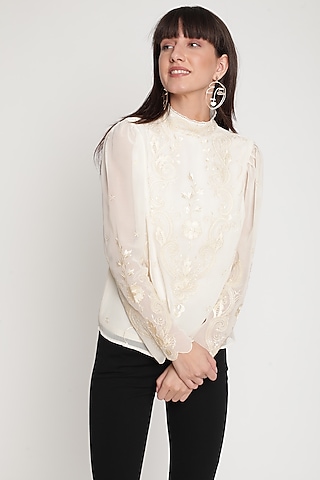 Ivory Thread Embroidered Blouse by Ridhi Arora