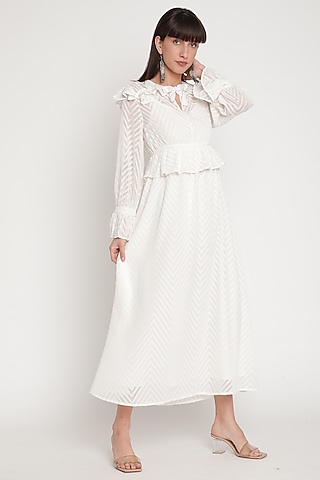 Ivory Jacquard Georgette Ruffled Dress by Ridhi Arora