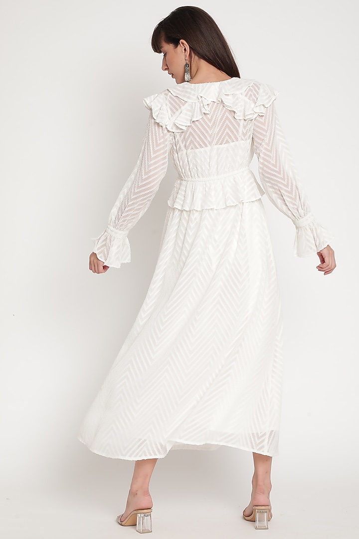 Ivory Jacquard Georgette Ruffled Vacation Dress by Ridhi Arora at Pernia's Pop Up Shop