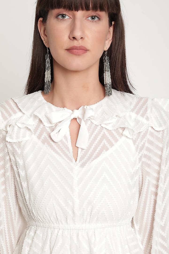 Ivory Jacquard Georgette Ruffled Vacation Dress by Ridhi Arora at Pernia's Pop Up Shop