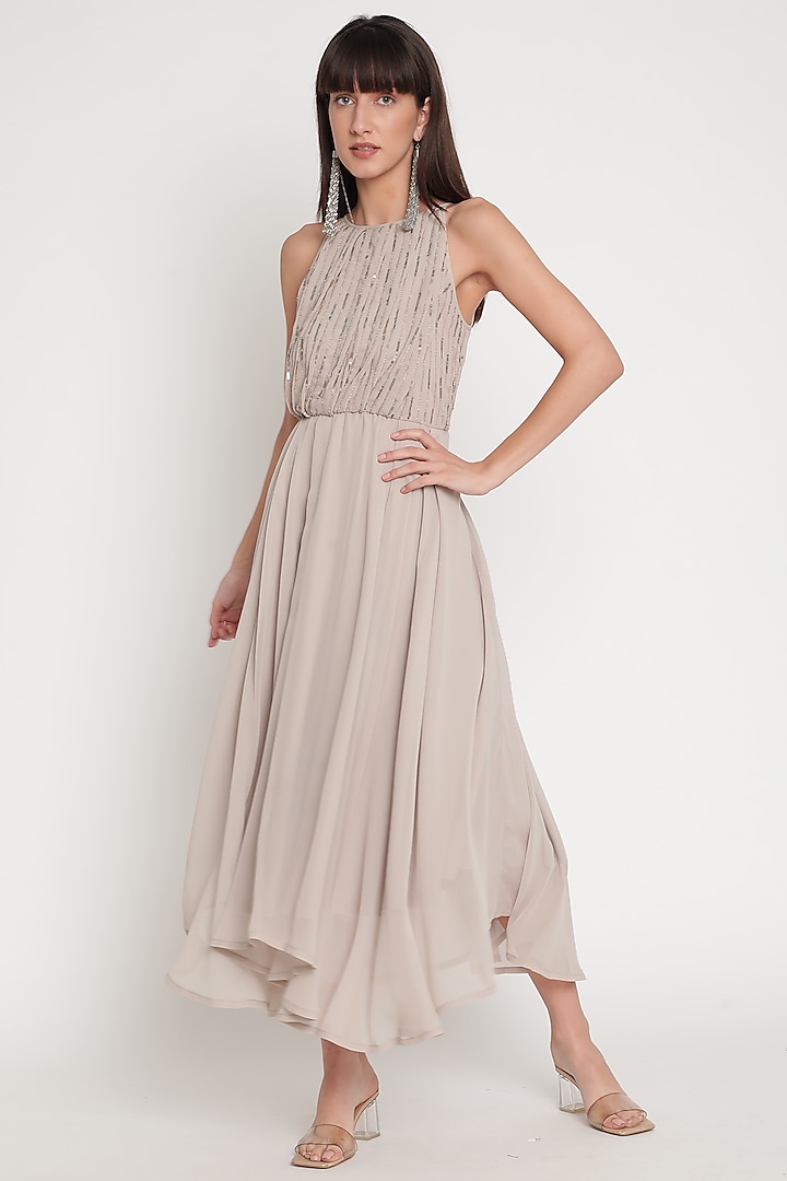 Grey Zardosi Embroidered Asymmetrical Draped Dress by Ridhi Arora