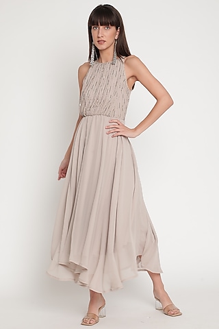 Grey Zardosi Embroidered Asymmetrical Draped Dress by Ridhi Arora