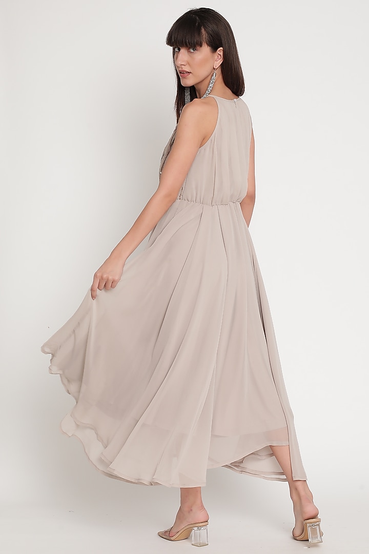 Grey Zardosi Embroidered Asymmetrical Draped Vacation Dress by Ridhi Arora at Pernia's Pop Up Shop