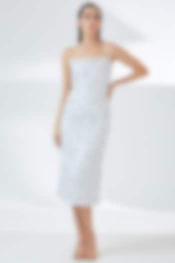 White Sequins Printed Bodycon Midi Dress by RUDRAKSH DWIVEDI