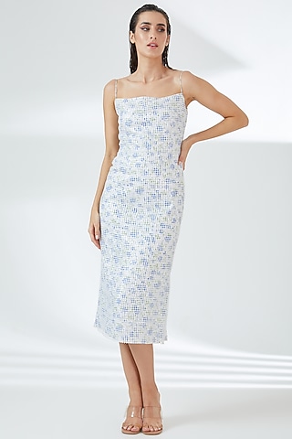 White Sequins Printed Bodycon Midi Dress by RUDRAKSH DWIVEDI