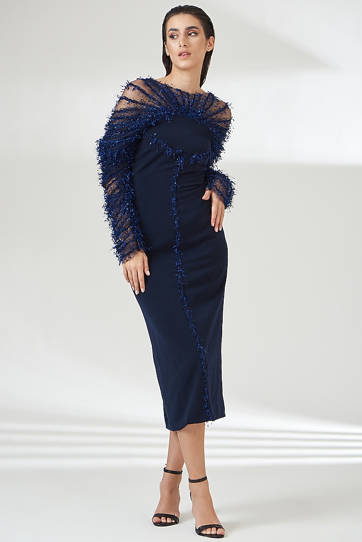 Midnight Blue Polyester Blend & Tulle Bodycon Dress by RUDRAKSH DWIVEDI