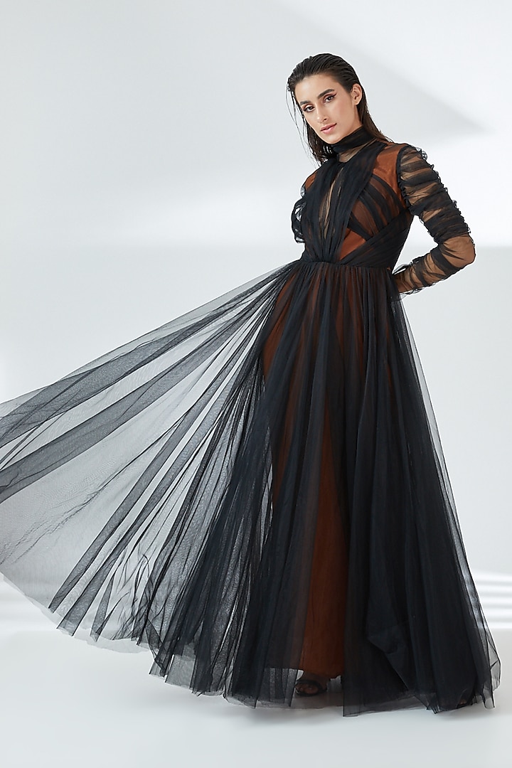 Umber & Black Tulle Layered Gown by RUDRAKSH DWIVEDI