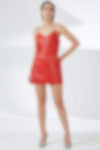 Red Sequins & Tulle Slip Dress by RUDRAKSH DWIVEDI