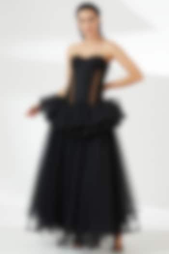 Black Polyester Micro Tulle Gown by RUDRAKSH DWIVEDI