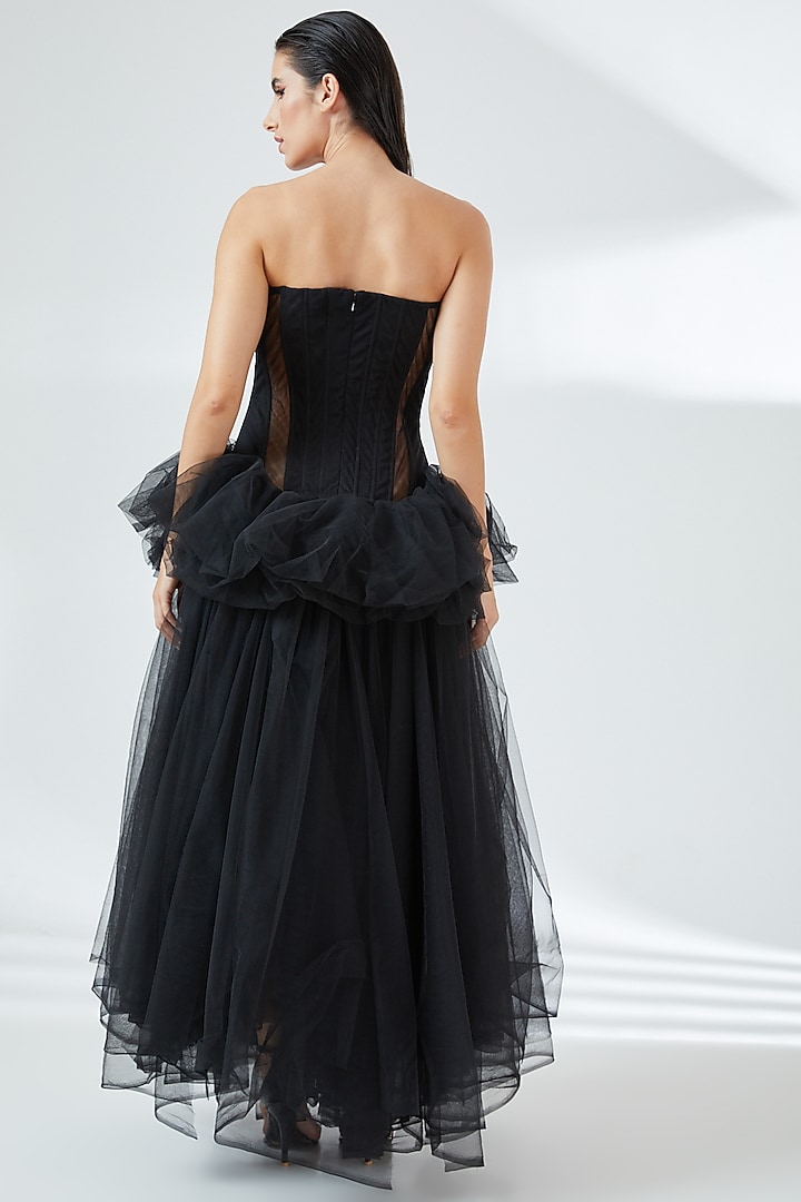 Black Polyester Micro Tulle Engagement Gown by RUDRAKSH DWIVEDI at Pernia's Pop Up Shop