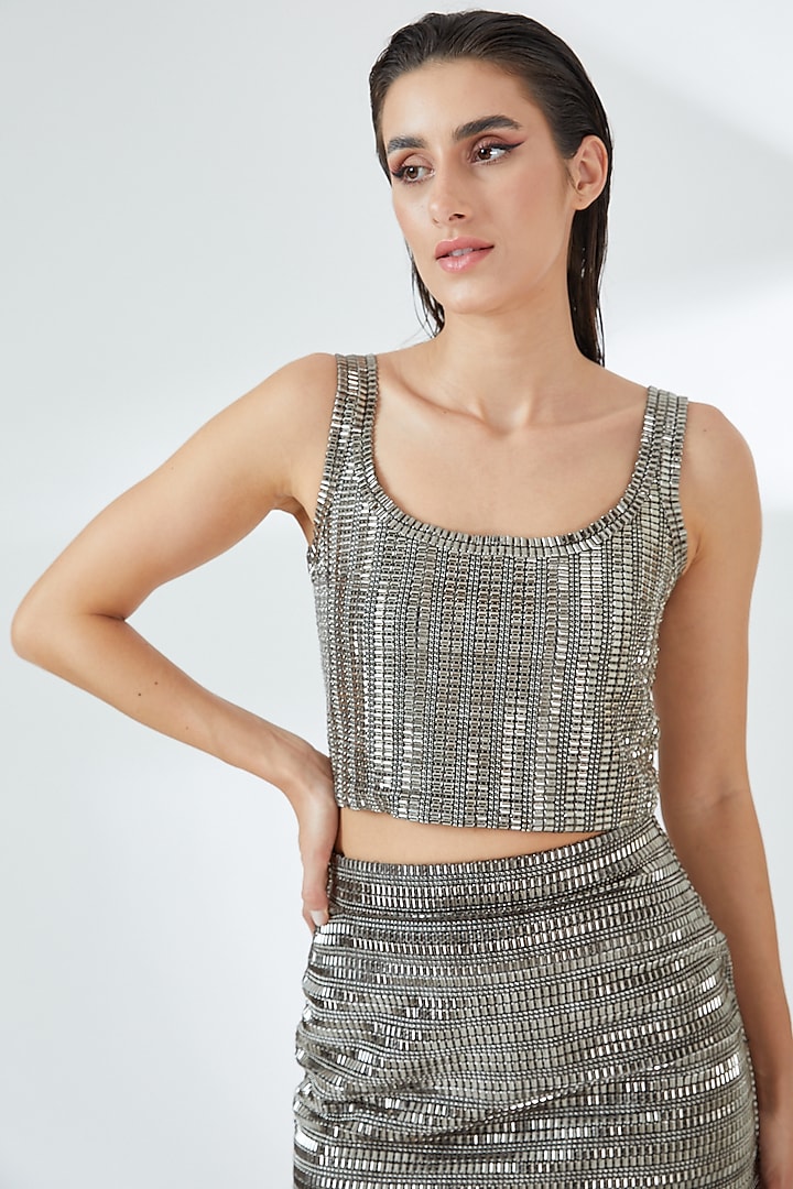 Silver Tulle Crop Top by RUDRAKSH DWIVEDI at Pernia's Pop Up Shop