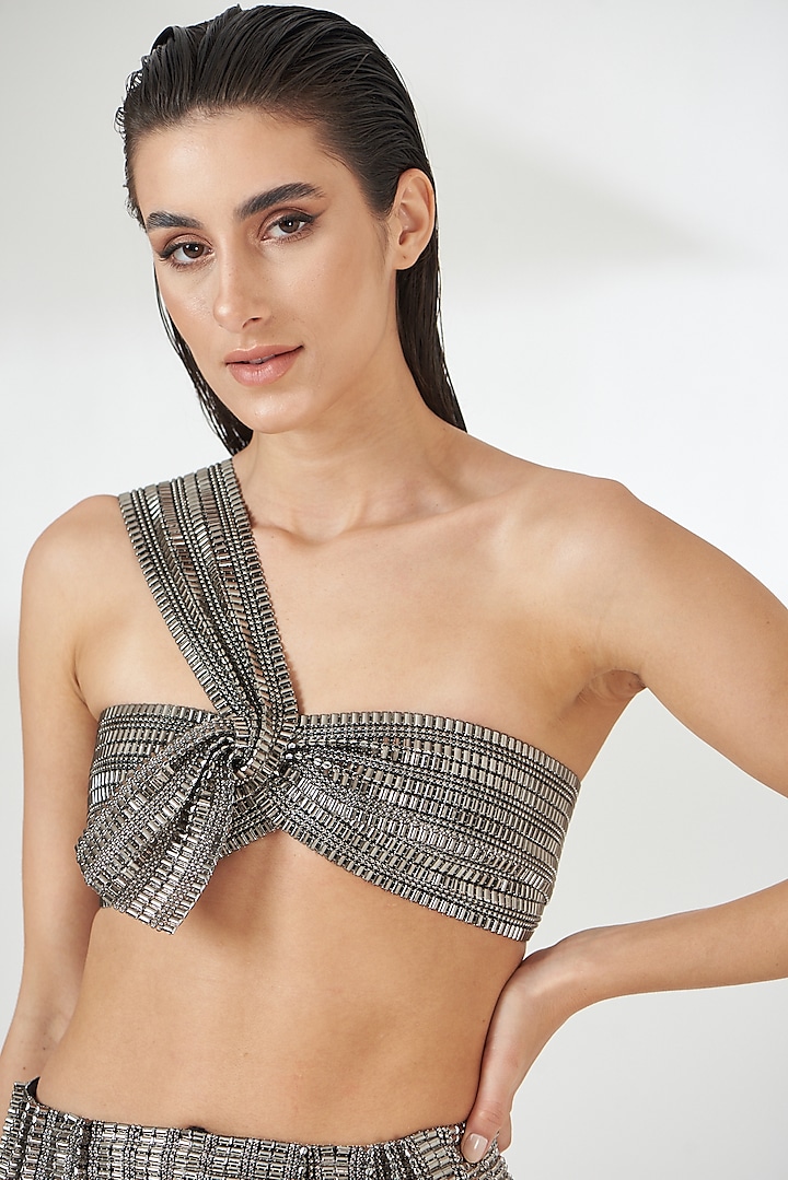 Silver Tulle Knot Crop Top by RUDRAKSH DWIVEDI