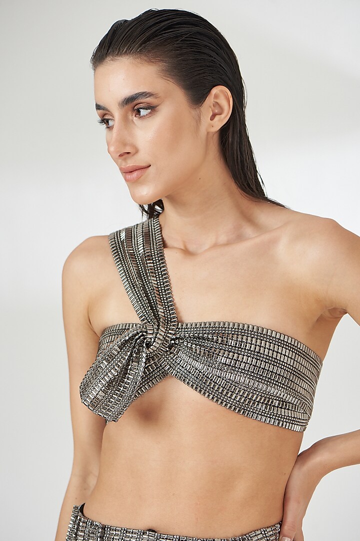 Silver Tulle Knot Crop Top by RUDRAKSH DWIVEDI at Pernia's Pop Up Shop