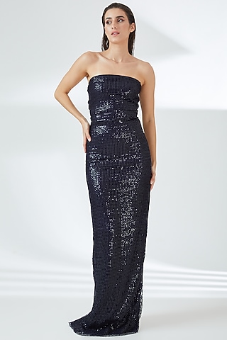 Midnight Blue Tulle & Sequin Gown by RUDRAKSH DWIVEDI
