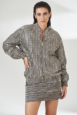 Silver Tulle Bomber Jacket by RUDRAKSH DWIVEDI